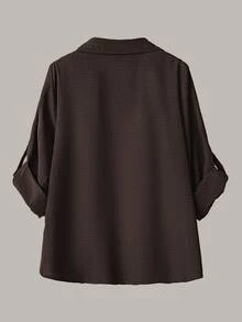 SHEIN LUNE 大尺碼女款休閒兩件套，純色捲袖單排扣休閒通勤襯衫搭配高腰寬鬆寬腿長褲 - 咖啡棕 - 查看 4