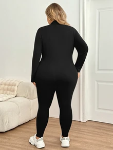 SHEIN CURVE+ Plus Size Women's Solid Color Zipper Front Long Sleeve Thermal Lined Jumpsuit Suitable For Outdoor, Home And Casual Occasions - Black - View 2