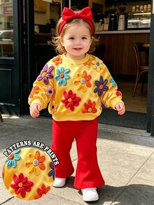 SHEIN Playful Pals 2件組女嬰休閒時尚簡約甜美橘色與紅色3D仿刺繡花卉印花圓領衛衣與純色喇叭褲套裝，適合秋冬日常戶外穿著，百搭百搭時尚 - 彩色 - 查看 1