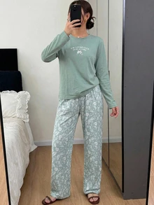 DAZY 2pcs/Set Women's Pajama Set, English Graphic Short Sleeve T-Shirt & Floral Straight Leg Long Pants - Green - View 3