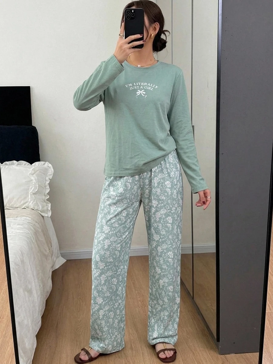 DAZY 2pcs/Set Women's Pajama Set, English Graphic Short Sleeve T-Shirt & Floral Straight Leg Long Pants - Green - View 1