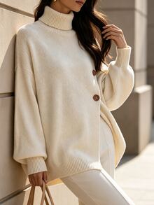SHEIN Women's High Neck Asymmetrical Button Slit Knit Sweater, Loose Drop Shoulder Long Sleeve Pullover, Elegant Commuter Style, Versatile Knit Top For Autumn/Winter - Apricot - View 3