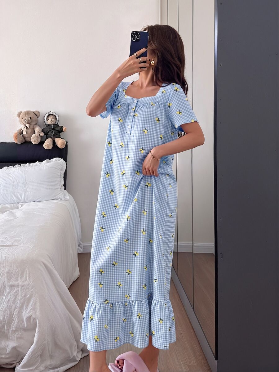 Napfluff Lemon Plaid Print Ruffle Trim Mid-Length Loose Short Sleeve Women's Nightgown - Blue - View 1