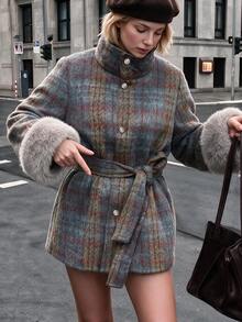 Struktiv Women Plaid Wool Blend Coat Faux Fur Cuff Belted Stand Collar Button Outerwear Fall Winter Retro Green - Mint Blue - View 7