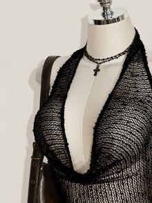 SHEIN ICON 夏季 Y2K 風格女款無袖露背素色垂領短版性感細肩帶背心上衣 - 黑色 - 查看 6