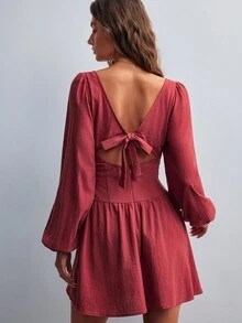 Willow Rêve Women's Red Lace Patchwork V-Neck Puff Long Sleeve Mini Dress - Red - View 2