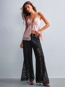 Willow Rêve Women's Lace Patchwork Asymmetrical Hem Tie Strap Tank Top, Fashionable Girly Style - Pink - View 8