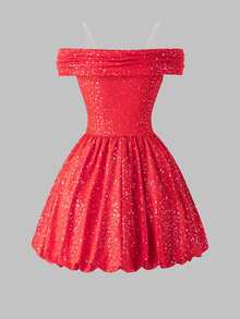 Tween Girl Ruched Off-Shoulder Elegant Fashion Dress - Red - View 2