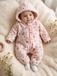 SHEIN 新生兒男嬰/女嬰可愛秋冬休閒白色毛茸茸卡通熊圖案連帽連身衣居家服 - 淺粉色 - 查看 7