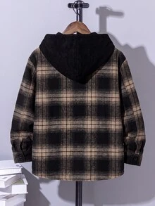 SHEIN 青少年男孩秋季新款連帽格紋襯衫外套，兒童時尚復古黑棕格紋長袖開襟上衣，寬鬆版型連帽口袋設計，春秋休閒百搭外套 - 彩色 - 查看 2