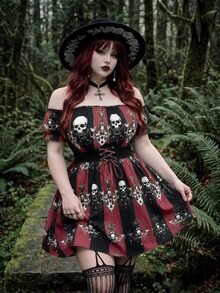 Whyspr Gaun Ukuran Plus Terbaru untuk Halloween, Model A-Line dengan Motif Tengkorak, Bahu Terbuka, Patchwork Renda, dan Potongan Pinggang yang Mengencangkan. - MultiWarna - View 7