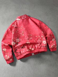 ROMWE MEN New Chinese Style Modified Tang Suit Jacket With Koi And Peach Blossom Print, Frog Buttons, Crane Embroidery, Woven Tape Patchwork, Retro Sport Casual Outerwear - Red - View 2