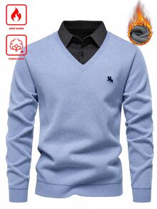 Calvornis Men's Patchwork Collar Knit Sweater - Baby Blue - View 1