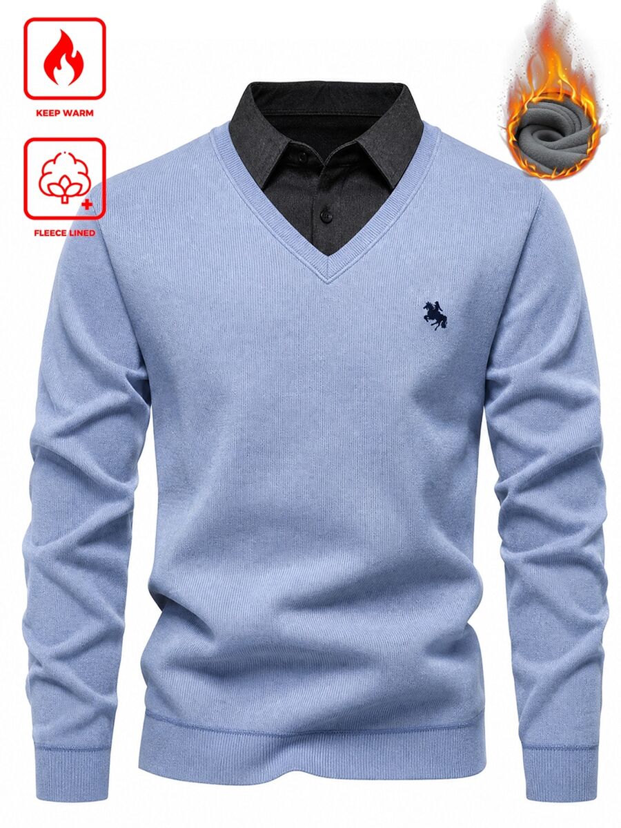 Calvornis Men's Patchwork Collar Knit Sweater - Baby Blue - View 1