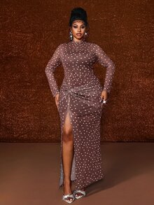 Maweii Plus Size Women's Brown Polka Dot Mesh Long Sleeve Waist Twist High Slit Sheer Maxi Bodycon Dress - Brown - View 6