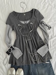 Attitoon 女款休閒復古長袖 2 合 1 T恤，秋冬服飾 - 彩色 - 查看 7