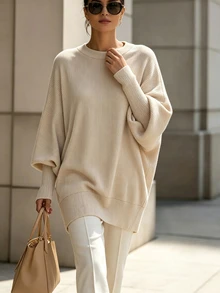 SHEIN Áo nữ tay dài dáng rộng mới cho mùa Thu/Đông - Màu be - Xem 3