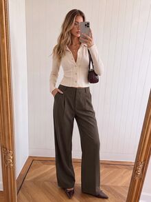 Avantive Women's Solid Color Asymmetric Button Placket Pocket Casual Suit Pants - Rust Brown - View 3