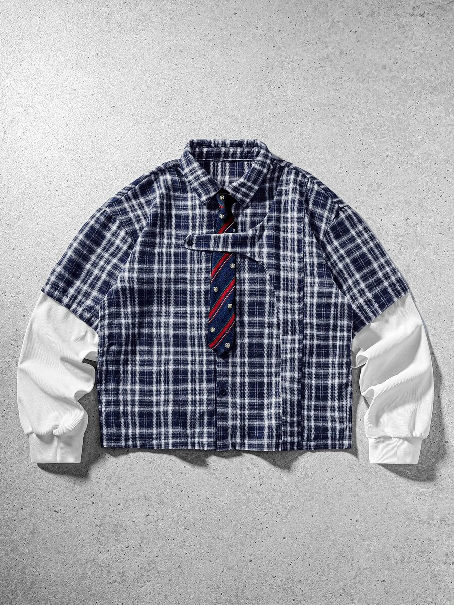 ROMWE MEN Men's Plaid Shirt With Tie Decor 2 In 1 Design - Blue - View 1
