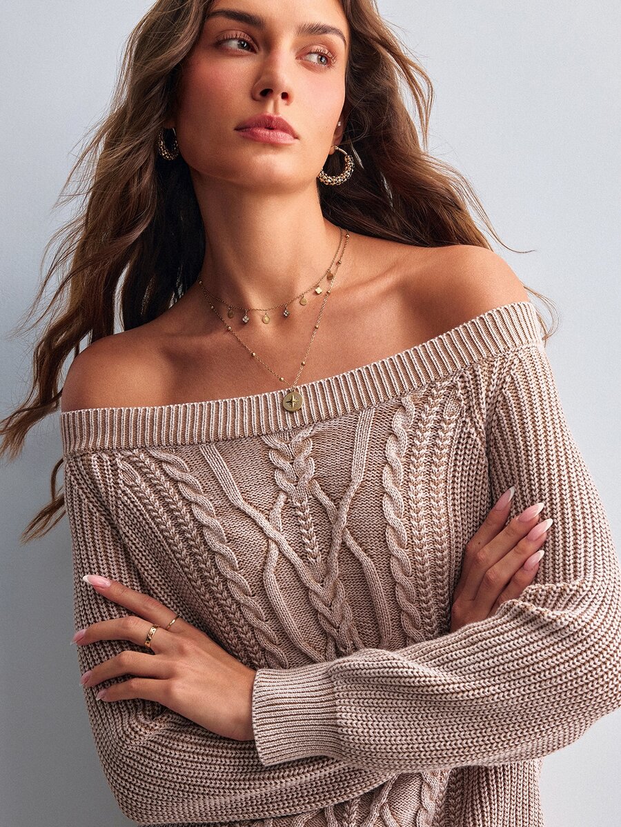 Willow Rêve Women's Khaki Off-Shoulder Cable Knit Water-Wash Dual-Tone Loose Sweater - Khaki - View 1