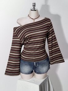 SHEIN ICON 大尺碼 Y2K 復古不對稱單肩針織收腰 T-shirt 上衣，休閒復古不對稱單肩領長袖上衣 - 彩色 - 查看 3