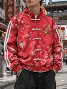 ROMWE MEN New Chinese Style Modified Tang Suit Jacket With Koi And Peach Blossom Print, Frog Buttons, Crane Embroidery, Woven Tape Patchwork, Retro Sport Casual Outerwear - Red - View 8