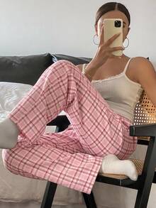 DAZY 女款寬鬆格紋直筒長款睡褲家居休閒褲 - 粉色 - 查看 1