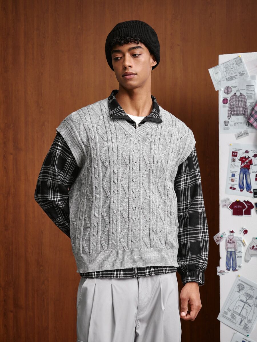 TOKVUE Men's Autumn/Winter Cable Knit V-Neck Casual Versatile Knit Vest - Grey - View 1