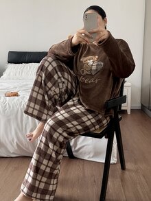Napfluff CURVE Napfluff CURVE Cute Cartoon Bear Plush Home Wear, Fashion Plaid Casual Pajama 2 Pieces Set - Brown - View 6