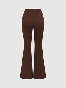 Sweetra Women's Button Decor Slanted Pocket Solid Color Slim Fit Suit Pants - Brown - View 2