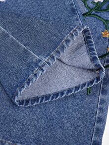 GlowEve Women's Casual Daily Denim Jeans With Pocket, Button And Floral Embroidery Pattern - Blue - View 4