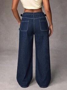 Rivivi Plus Size Women's Pocket Wide Leg Loose Casual Versatile Denim Jeans - Blue - View 2