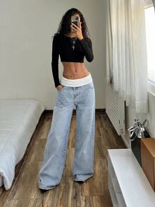 SHEIN Tall Women's Double Waistband Low Waist Slimming Wide Leg Denim Jeans With Pockets - Blue - View 4