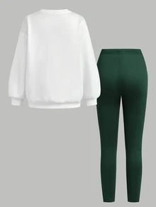 SHEIN 青少年女孩休閒圓領長袖字母印花衛衣套裝，秋季，秋季服飾，秋季穿搭，秋冬，聖誕/萬聖節，套頭 - 彩色 - 查看 2