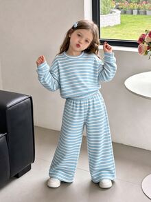 幼童女款條紋運動衫與寬腿褲套裝，淺藍色舒適寬鬆版型 (1套) 秋冬 - 彩色 - 查看 3