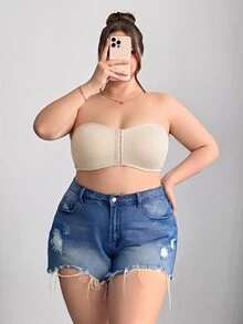 SHEIN CURVE+ 前拉鍊大尺碼收胸加墊內衣背心，Curve Plus，Hoho Vacation - 杏色 - 查看 4