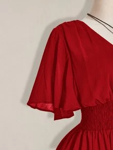 SHEIN ICON 大尺碼荷葉袖V領收腰A字洋裝，適合海灘度假、波希米亞風、嬉皮風、Y2K，適用夏季、夏季假期、情人節、優雅約會洋裝 - 紅色 - 查看 8