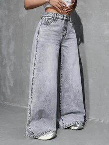 SHEIN Tall 女款極簡時尚拉鍊門襟寬鬆直筒牛仔褲，適合日常穿著 - 淺灰色 - 查看 5