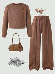 SHEIN Setelan 2 Potong untuk Remaja Perempuan: Sweatshirt Rajut Warna Polos Kerah Bulat Longgar dan Celana Panjang Longgar Model Lurus - Grey - View 3