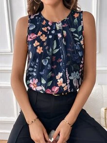 SHEIN Clasi 女款花卉印花休閒日常襯衫 - 藏蓝色 - 查看 3