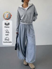 SHEIN BASICS Sweatshirt Fleece Wanita Nyaman dengan Resleting Penuh, Hangat dan Nyaman untuk Pemakaian Sehari-hari di Musim Gugur/Dingin - Grey - View 2