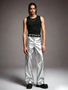 STYNVO Men's PU Leather Patchwork Fashion Long Pants - Silver - View 4