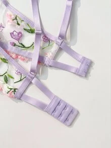 PetitDoll Pastoral Style Colorful Floral Embroidered Women's Romantic Lingerie Set, Embroidered Underwire Bra And Thong 2 Pieces Set - Mauve Purple - View 5