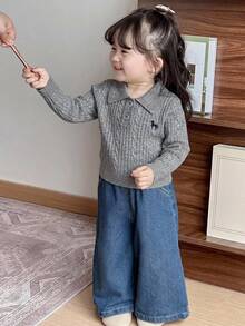 DAZY Baby Girl Button Half-Placket Embroidered Long Sleeve Sweater - Grey - View 6