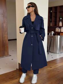 SHEIN EZwear 1件女款素色梭織長版繫帶前開扣風衣外套，秋冬款 - 藏蓝色 - 查看 3