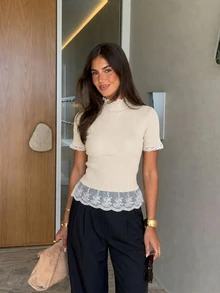 Siren Gaze Women's Short-Sleeve Ribbed Knit Top With Lace Detail – Slim-Fit, Versatile, Ideal For Layering In Autumn/Winter - Apricot - View 1