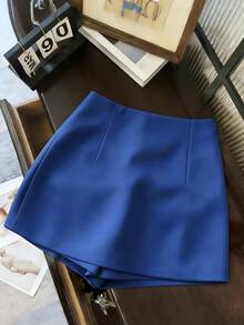 Franclia Women's Solid Color Metal Button Design Split Skirt Pants - Royal Blue - View 2