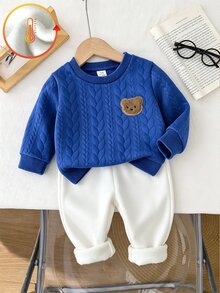 SHEIN Vintaside Kids 2件組幼兒男孩衛衣+長褲套裝，可愛皇家藍白色熊貼布，粗針編織長袖圓領加厚款，生日派對秋季假期聖誕穿搭 - 藍白色 - 查看 1