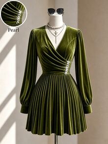 Fine & Folde Women's Elegant Romantic Velvet Pleated Beaded Dress - Olive Green - View 1