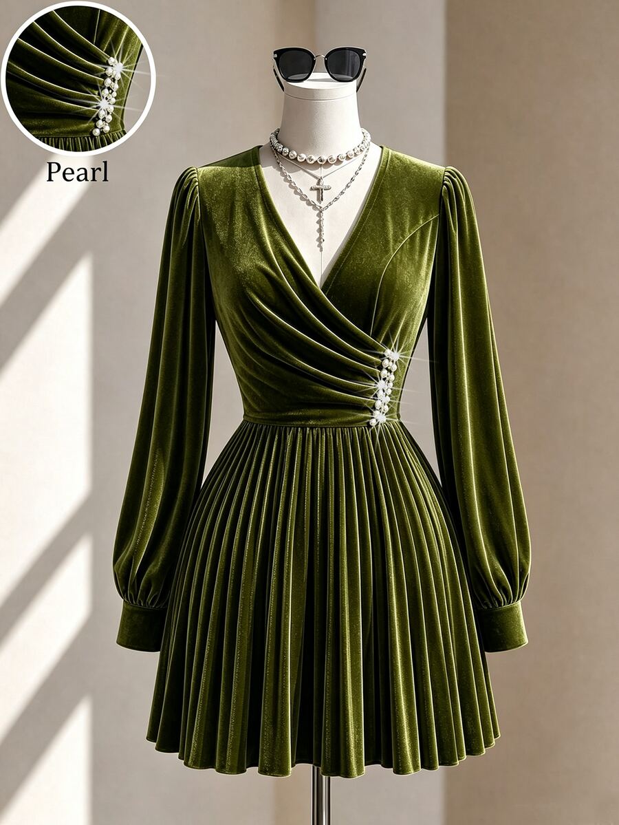 Fine & Folde Women's Elegant Romantic Velvet Pleated Beaded Dress - Olive Green - View 1